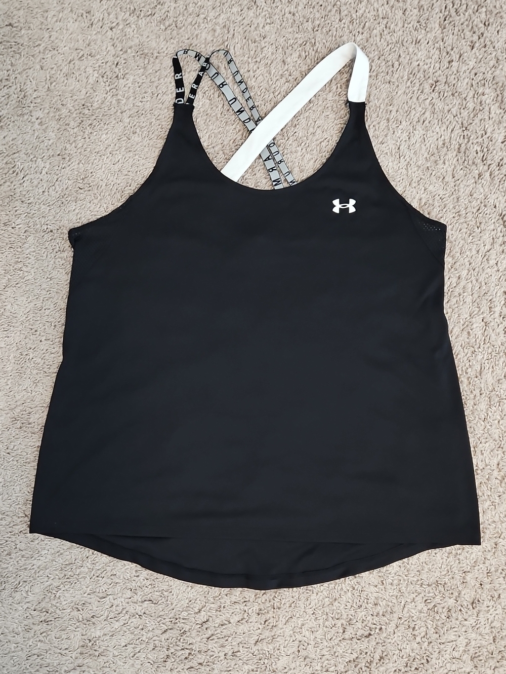 Under Armour Athletic Cross Back Black Tank with White and Patterned Straps